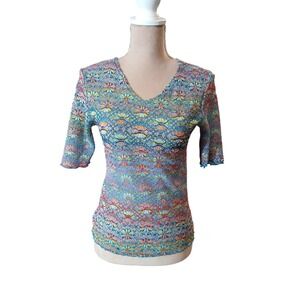 MKM Vibrant Floral Lace V Neck Top Women's Colorful Mesh Dainty Coachella Medium